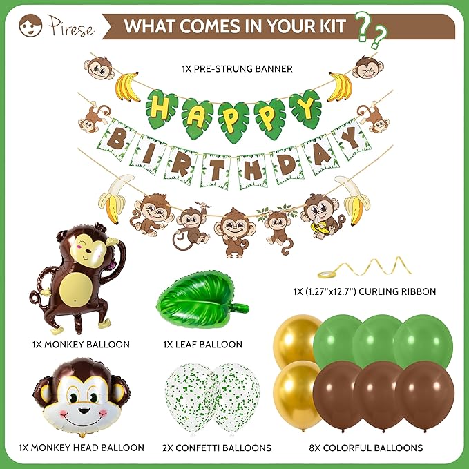 Pirese Monkey Birthday Banner, Monkey Party Decorations, Jungle Birthday Party Decorations | Banana Party Decorations| Banana Birthday Decorations | Monkey Birthday Party Supplies | Monkey Decor