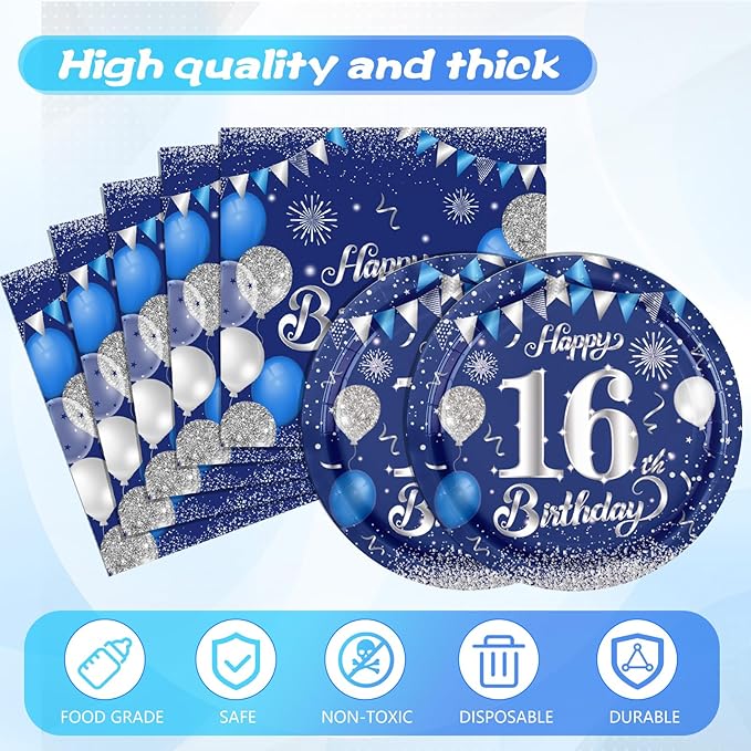 41PCS 16th Birthday Decorations for Boys Navy Blue Silver 16 Years Old Birthday Decorations Sweet 16 Plates Napkins Tablecloth for Boys Girls 16th Birthday Party Supplies