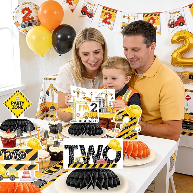 9 Pcs Construction 2nd Birthday Party Decorations Excavator I'm 2 and Digging It Honeycomb Centerpieces Table Toppers for Kids Boys Truck Themd 2 Years Old Birthday Party Supplies Table Decoration