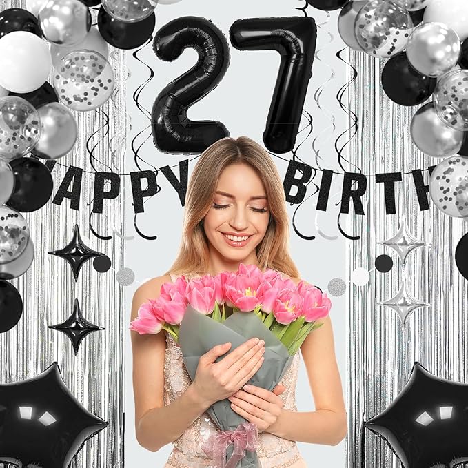 27th Birthday Decorations for Boys Girls, Silvery and Black Happy 27th Birthday Banner,Number 27 Balloons Arch Kit for 27 year old Party Decorations