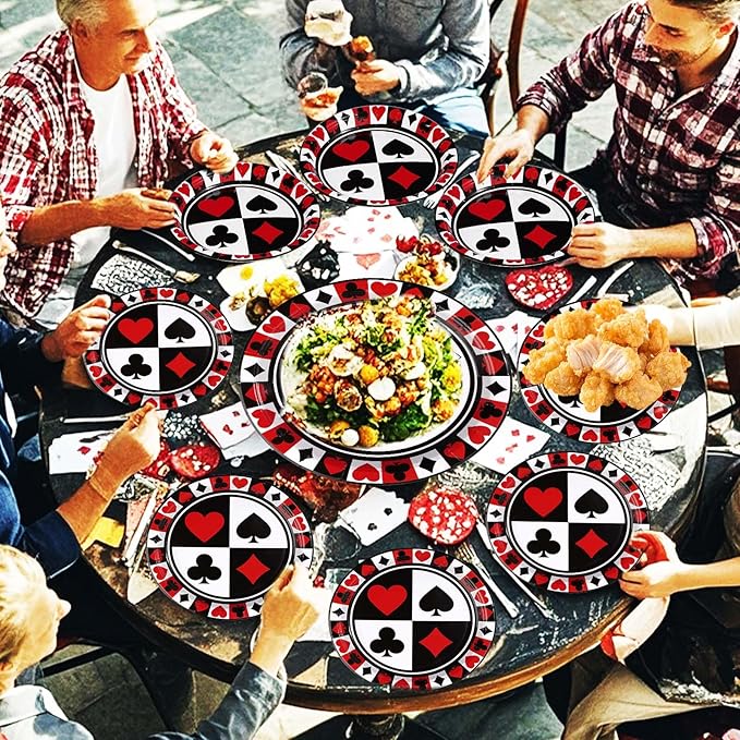 Grencian 96Pcs Casino Party Decorations Poker Plates and Napkins Disposable Red Black Casino Birthday Paper Tableware Set for Las Vegas Night Poker Club Birthday Party Supplies, Serves 24