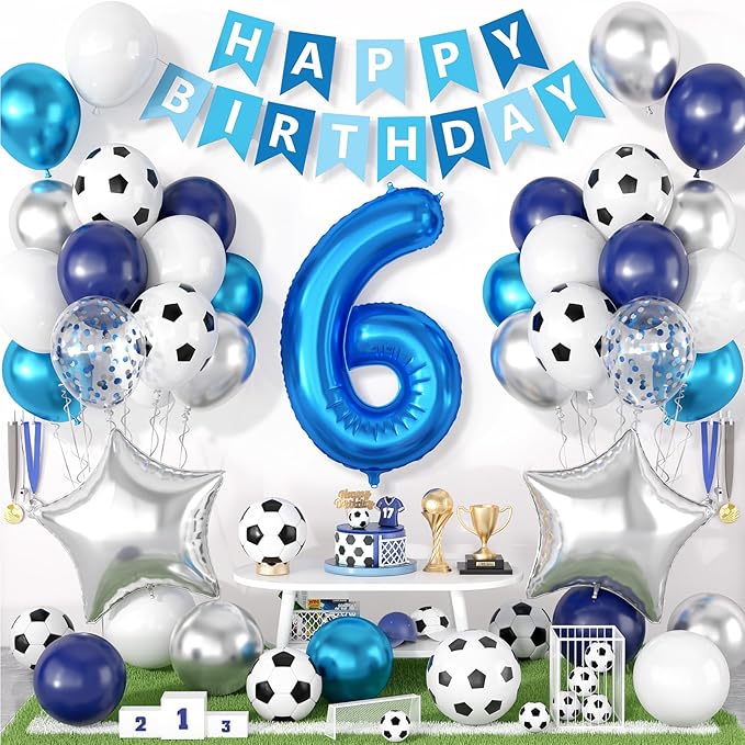 6th Soccer Birthday Party Decorations for Boys, Soccer Party Decorations Blue White Silver Balloons with 'HAPPY BIRTHDAY' Banner 32in Foil 6 Balloon for Boy Kids Men Birthday Baby Shower Decor