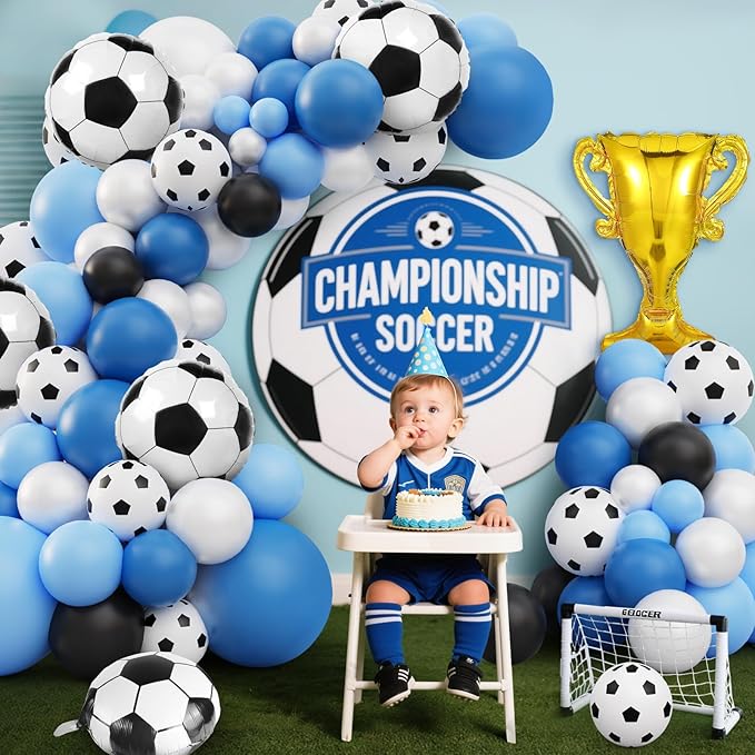 Soccer Balloon Garland Arch Kit, 103Pcs 18 12 10 5inch Blue White Soccer Balloons with 18inch Football Foil Balloons for Sports Theme Soccer Party Decorations
