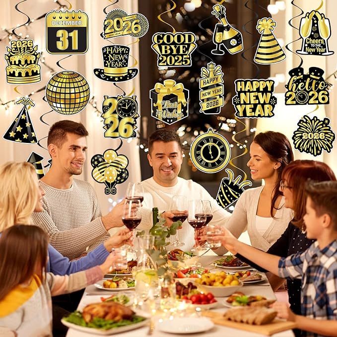 40Pcs Happy New Year Decorations Hanging Swirls, Black and Gold Happy New Year Hanging Swirls Ceiling Decor for New Year's Eve Party Decorations Supplies 2026