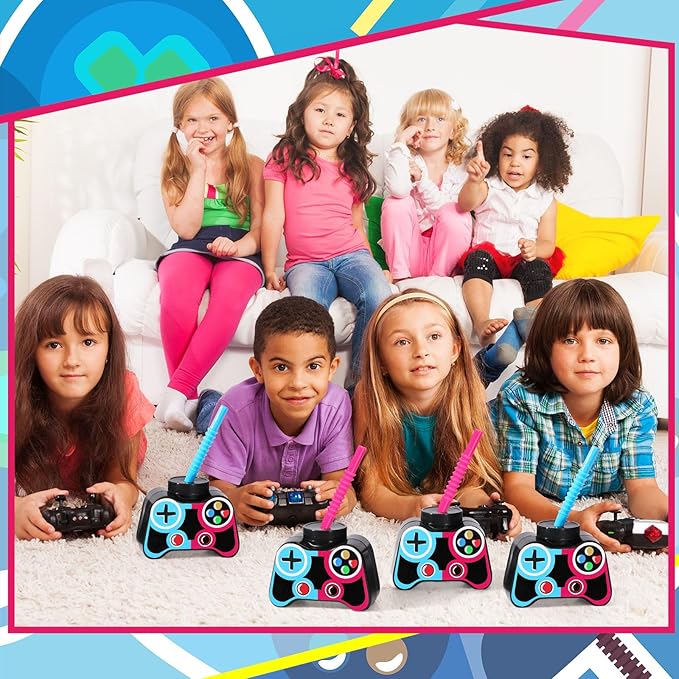 Mifoci 12 Pcs Plastic Video Game Party Cups with Straw and Lid 10oz Gamer Birthday Themed Drink Cups 7th Video Game Party Favors for Kids Toddlers Gamer Birthday Supplies (Blue and Rose Red)