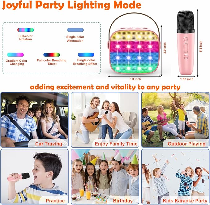 Bluetooth Karaoke Machine Toy for Kids- Mini Karaoke with 2 Wireless Microphone, Voice Changer & LED Lights, Portable Karaoke Mic for 3-8 Year Old Girls, Great for Birthday Home Party