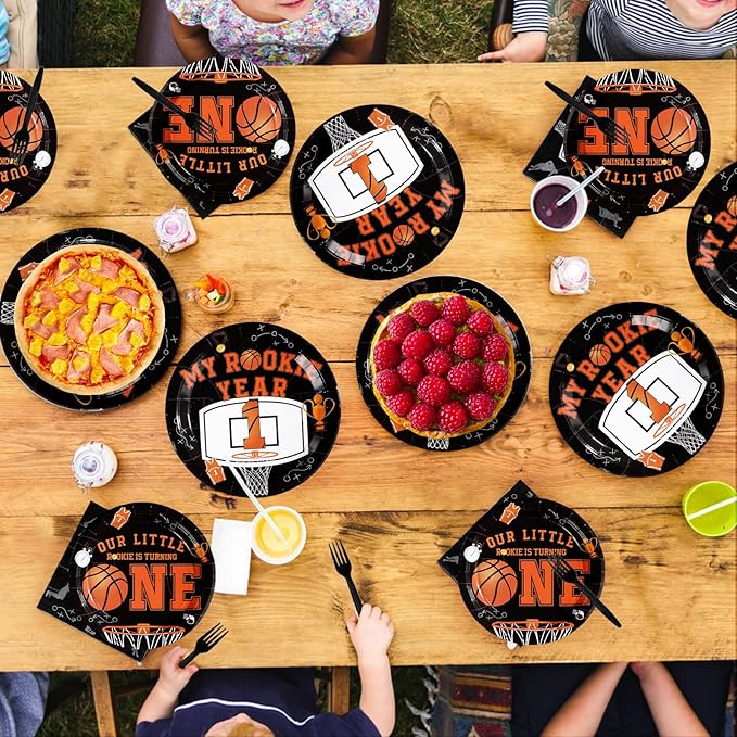 96Pcs Basketball 1st Birthday Party Supplies My Rookie Year First Plates and Napkins Disposable Basketball Theme 1st Tableware Set for Boys Kids One Year Old Baby Shower Party Decorations，Serves 24