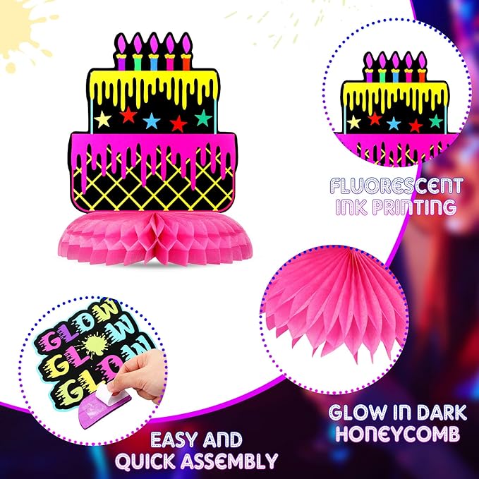 9 Pcs Real Glow in Dark Party Supplies, Glow Under UV Black Light Reflective Ink Printing Neon Honeycomb Birthday Decorations Neon Table Centerpieces Table Party Favor Decorations
