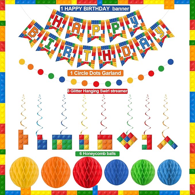 Building Block Birthday Party Decorations Brick Themed Happy Birthday Banner Colorful Block Hanging Swirls Honeycomb Balls Circle Dots Garland for Colorful Brick Pre-strung Birthdays Party Decor