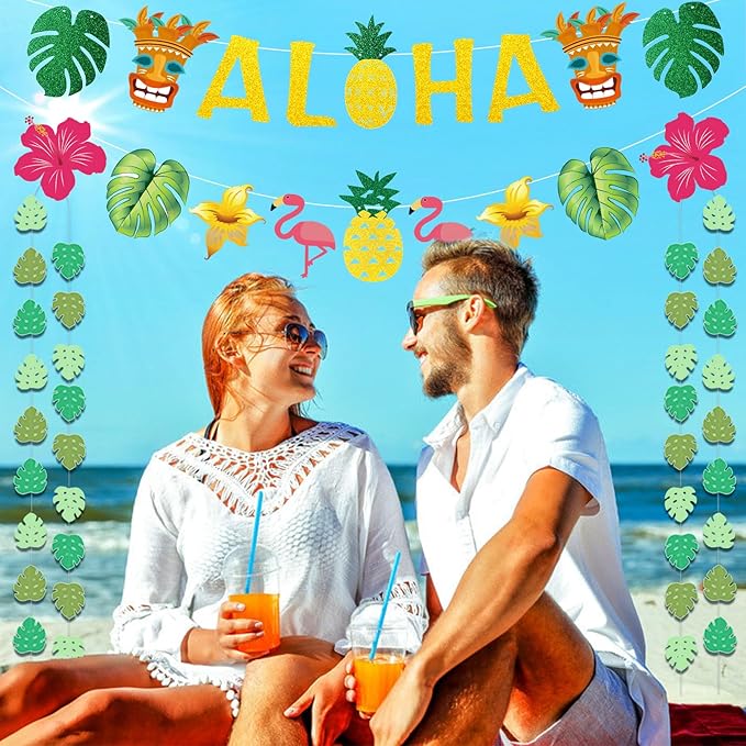Hawaiian Aloha Party Decorations - Gold Glittery Aloha Banner for Hawaii Tropical Luau Themed Party Supplies