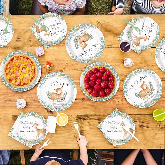 96Pcs Oh Deer He's Almost Here Baby Shower Party Supplies Green Deer Plates and Napkins Woodland Animal Tableware Set for Boy Animal Baby Shower Gender Reveal Party Supplies，Serves 24