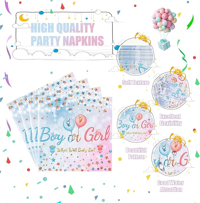 CANREVEL 96 PCS Gender Reveal Plates Set, Serve 24, Disposable Tableware for Gender Reveal Decorations, Boys Girls Kids