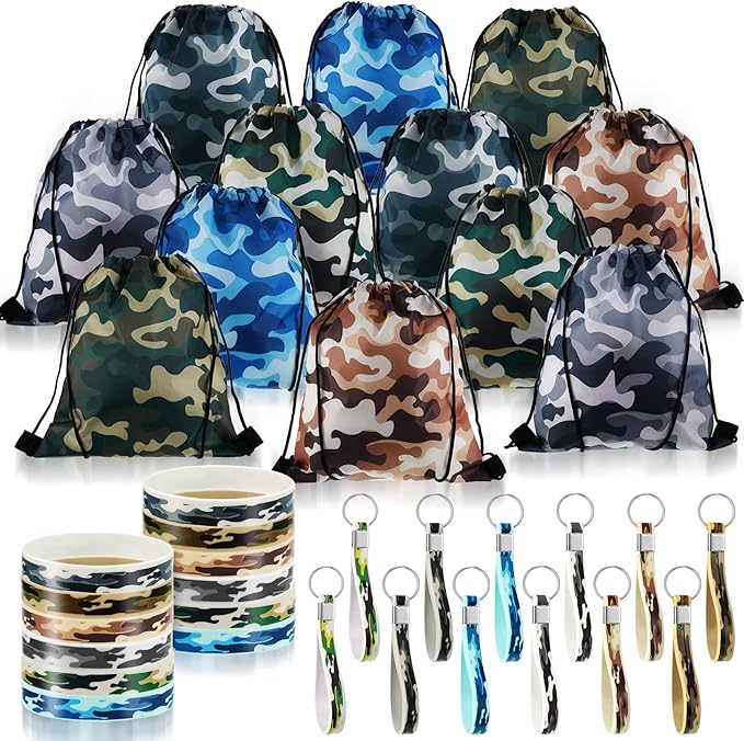 36 Pcs Tie Dye Party Favors Camouflage Drawstring Bag Bulk Camouflage Military Rubber Keychain Silicone Bracelet for Goodie Bag Stuffers Fillers Summer Camping Birthday Party Supplies(Classic Camo)