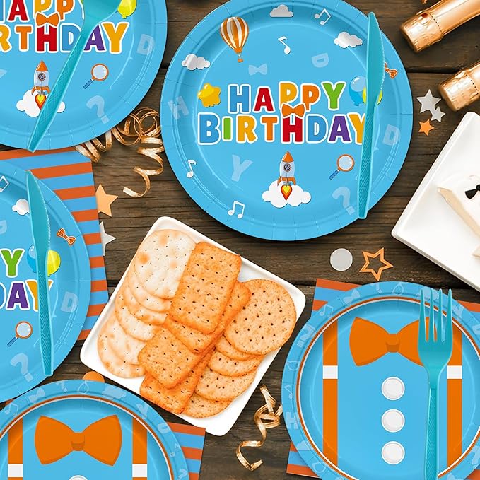 145PCS Cartoon Teacher Party Supplies English Teacher Themed Happy Birthday Party Decorations for Kids Chlid Includ Orange Blue Paper Plates Napkins Cups Tableware Set with Tablecloth Serve 24 Guests
