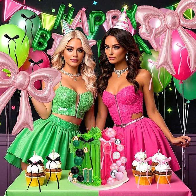 Pink and Green Happy Birthday Balloons, 31”Huge Pink Bow Aluminum Foil Balloons for Girl Woman Birthday Princess Bachelorette Witch Party Decorations Supplies