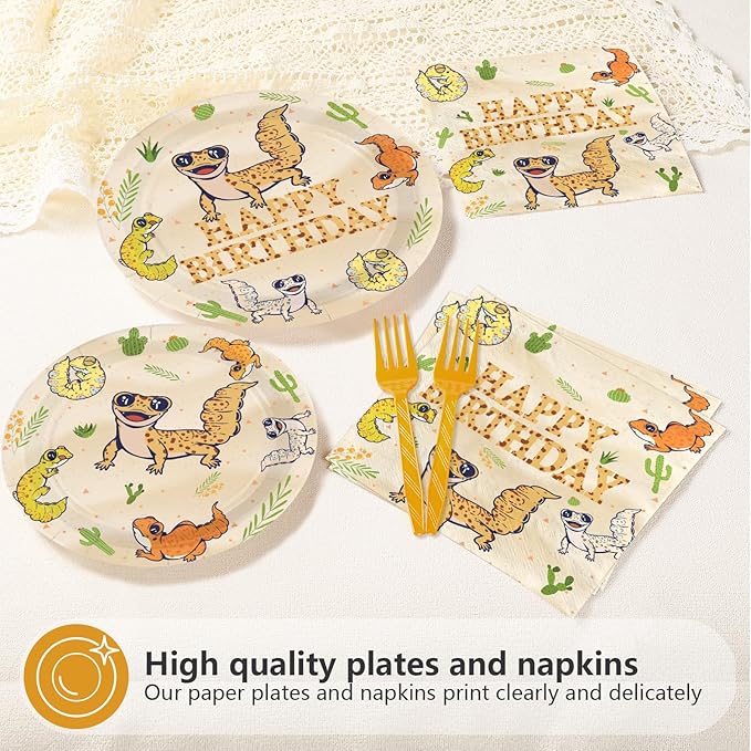 96Pcs Leopard Gecko Birthday Decorations Reptile Plates and Napkins Safari Animals Decorations Favors for Kids Boys Birthday Baby Shower Reptile Theme Party Supplies Serves 24