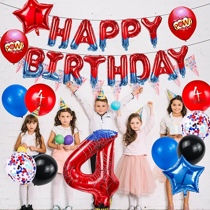 Cartoon Hero 40 Inch Red and Blue Spider Theme Number Foil Birthday Decoration Balloon, Spider Theme Happy Birthday Banner Party Decoration Balloon, Letter Logo Superhero Party Supplies (4)