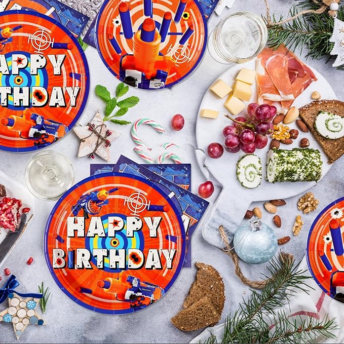 96Pcs Dart War Party Supplies Dart War Party Plates and Napkins Forks Disposable 350GSM Tableware Set for Kids Boys Birthday Party Dart War Themed Party Party Decorations,Serves 24