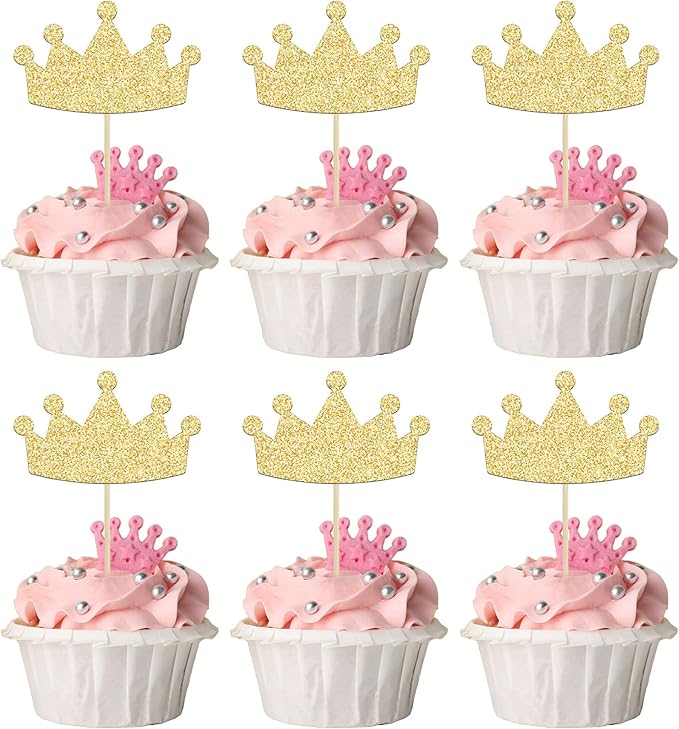24Pcs Crown Cupcake Toppers Glitter Queen Crown Cupcake Picks for Queen Princess Theme Baby Shower Girls Wedding Birthday Party Cake Decorations Supplies Gold