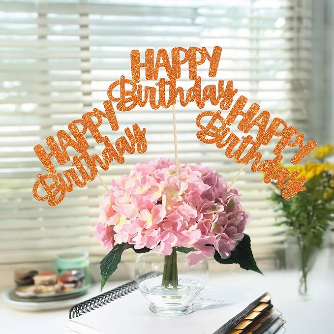 Gyufise 12Pcs Happy Birthday Centerpieces Sticks Double Sided Glitter Birthday Party Decorations Anniversary Table Flower Centerpiece for Celebrating Party Supplies Orange