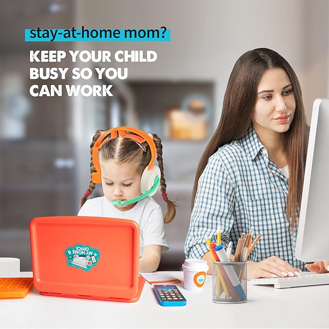 Born Toys Pretend Play Home Office Set for Ages 3-7 - Includes Toy Laptop, Phone, Calculator, Pop It & Headset