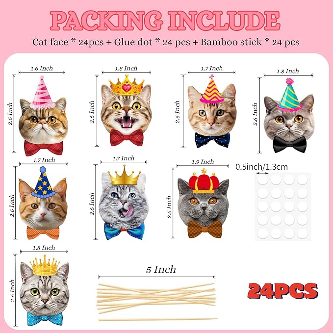 Pet Cat Cupcake Toppers, 24 PCS Pet Cats Themed Birthday Party Supplies for Meow Kitty Cat Birthday Party Baby Shower Party Decorations