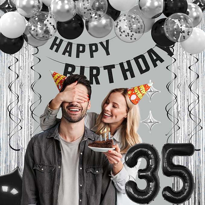 35th Birthday Decorations for Men Women- Black Silver Happy 35th Birthday Party Decor With Banner Backdrop,Number 35 Foil Balloon -Black White Balloons Garland Arch Kit for 35 Years Old