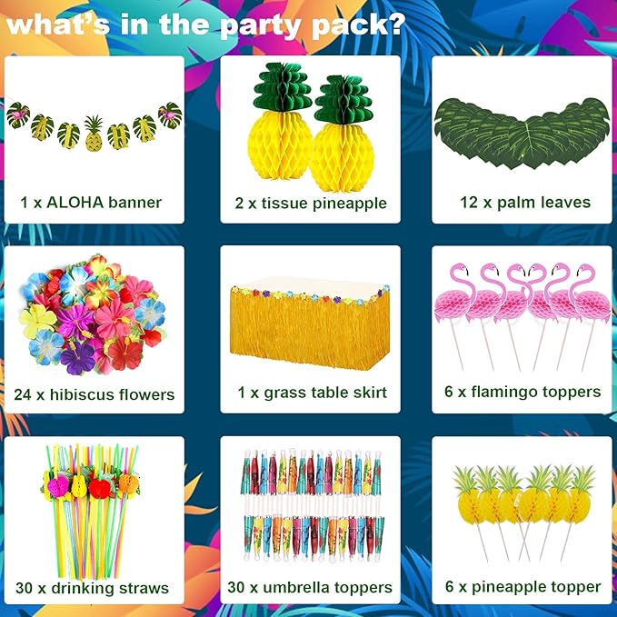 Tropical Luau Party Decoration Pack Hawaiian Beach Theme Party Favors Luau Party Supplies (112 PCS) including Banner, Table Skirt, Straws, Flamingo, Pineapple Décors.