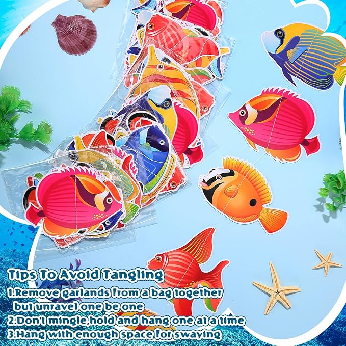 8 Pieces Under The Sea Party Decorations Tropical Fish Garlands Ocean Fish Paper Cutouts Hawaii Hanging Banner Decor for Summer Underwater Theme Birthday Baby Shower Party Supplies