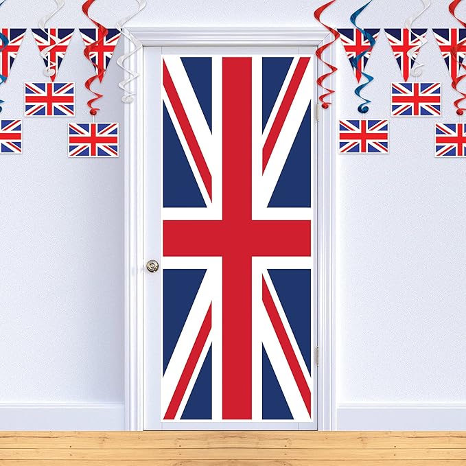 Beistle Plastic Union Jack Door Covers, 6' x 30", Set of 2 - British Flag Themed Decorations, International Party Supplies, Red White & Blue England Decor, Front Porch Banner