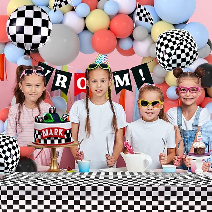 Race Balloon Garland Arch Kit Pastel Coral Gray Yellow Baby Blue Black White Balloons with Checkered Foil Balloons Tablecloth Flag Banner for Car Sports Birthday Baby Shower Decorations Party Supplies