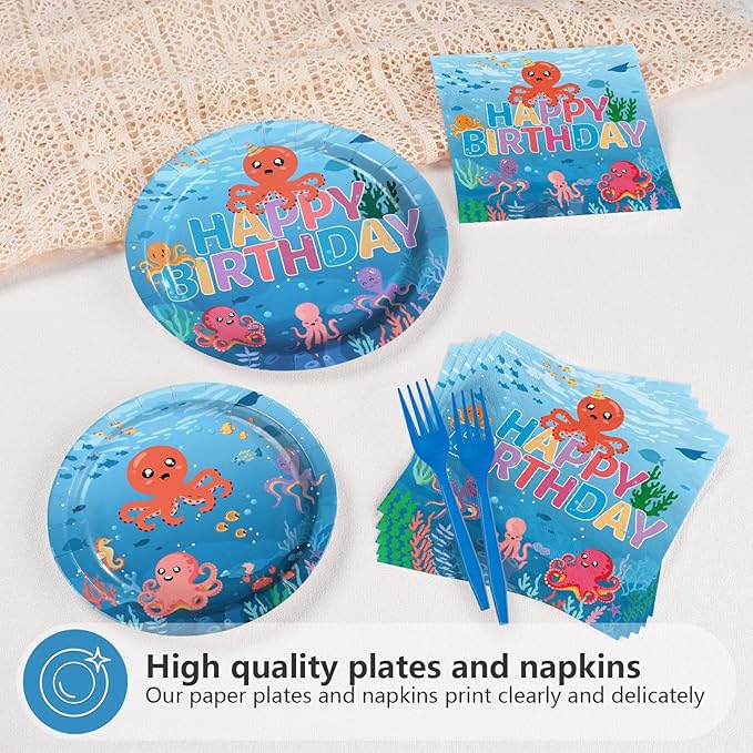 96Pcs Octopus Birthday Party Decorations Under the Sea Plates and Napkins Cute Octopus Ocean Animal Tableware Set for Cute Sea Animals Birthday Baby Shower Supplies, Serves 24