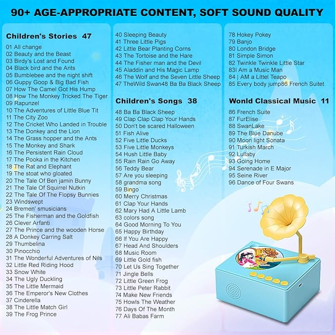 Toddlers Story Musical Player Toys - Kids Phonograph Storytelling Recorder with 96 Songs Stories Music Cards - Children's Educational Learning Birthday Xmas Gift for Boys Outdoor Indoor