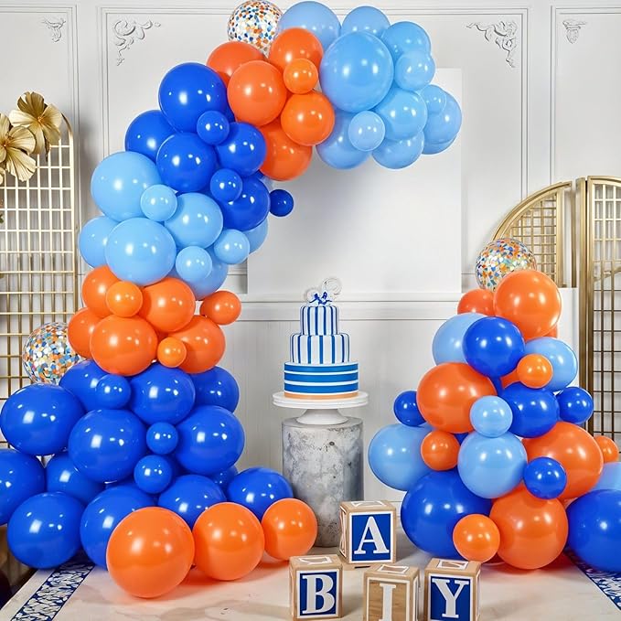 Orange and Blue Balloons, 60pcs 12 Inch Royal Blue Light Blue Pastel Orange Latex Party Balloons with Orange and Blue Confetti Balloons for Boy Birthday Party Baby Shower Graduation Decorations