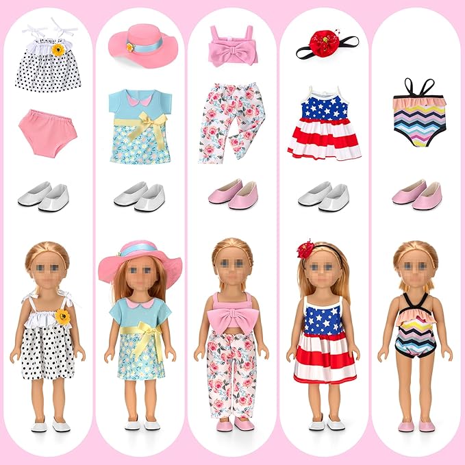 18 inch Doll Clothes and Accessories for American 18 Inch Dolls Girl Clothing Gift, 17Pcs Complete Set Clothing with Outfits, Dress, Shoes, Swimsuit, Underwear, Hat, Headband, Clothes Hangers