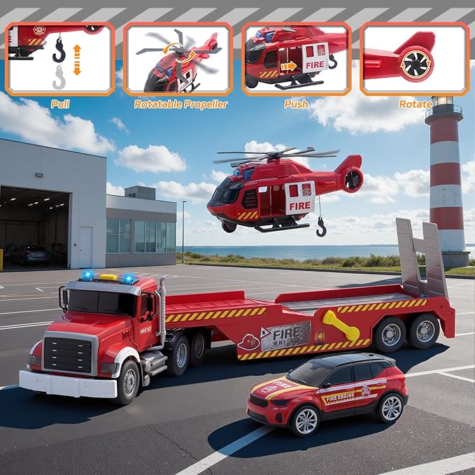 21" Large Semi Fire Truck with Helicopter & Racing Car,Fire Toys Car for Kids Toddlers 3 4 5 6 7, Friction Powered Vehicle with Lights & Sounds,Christmas Birthday Gift for Boys Girls