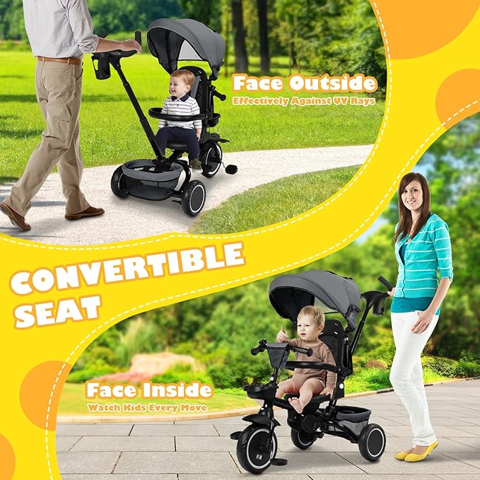 Folding Kids Tricycle, 8 in 1 Toddler Trike W/Removable & Adjustable Canopy, Parent Handle, 5-Piont Harness, Toddler Bike Tricycle for Kids 1-6 Years, EVA Wheels, Storage Basket, Grey