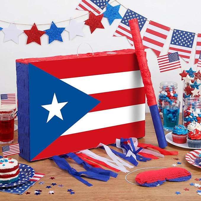 Puerto Rico Flag Piñata Red White and Blue Small Piñata Set with Bat and Blindfold for Puerto Rico Party Games National Day Patriotic Festival Supplies Holiday Decorations