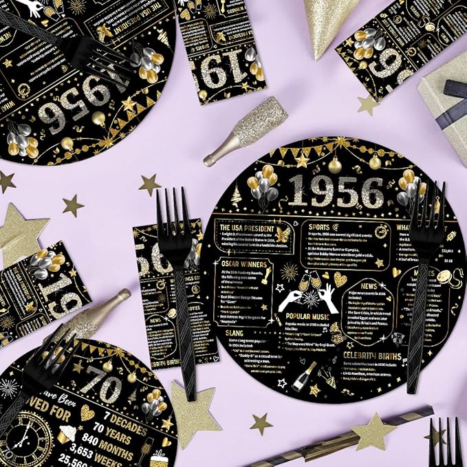 96PCS 70th Birthday Plates and Napkins Party Supplies 70th Birthday Decorations for Women Men 70th Anniversary Decorations Cheers to 70 Years Vintage Tableware Sets Serve 24 Guests