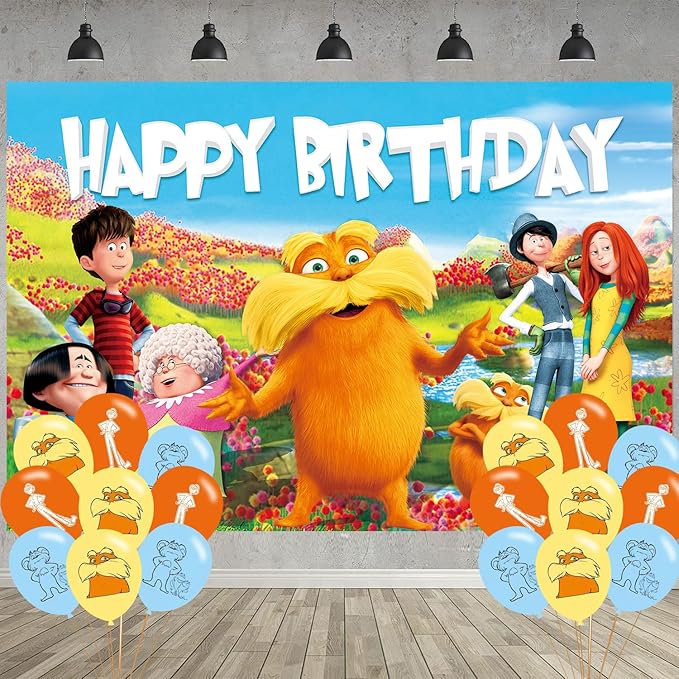 Cartoon Loraxs Birthday Party Decoration,Cartoon Party Photo Background 5 x 3 FT and 18 Pcs Balloon,Merch Party Backdrop Supplies
