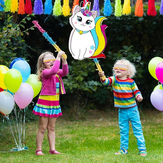 Aoriher Unicorn Cat Piñata with Blindfold and Bat, Caticorn Unicorn Cat Piñata Birthday Party Supplies for Party Favor Birthday Decorations, 16 x 11 Inch