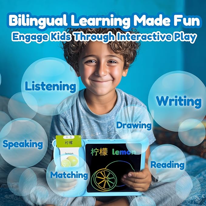 Drawing Tablet with Bilingual Flashcards for Kids - Chinese English Talking Flash Cards, LCD Writing Pad Board, Pocket Speech for Toddlers, Learning Toy Gift for Boys Girls (Chinese, Blue)