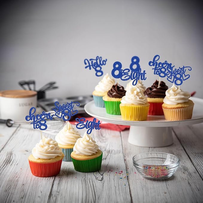 30Pcs 8th Birthday Cupcake Toppers Glitter Eight Hello 8 Cupcake Picks Cheers to 8 Years Old Cake Decorations for 8th Birthday Party Supplies Deep Blue