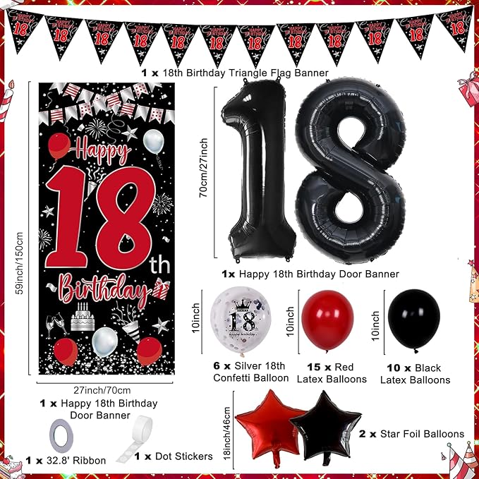 18th Birthday Decorations for Boys and Girls, Red Black Happy 18th Birthday Decorations for Men, Boy 18 Bday Party Door Banner Sign, Triangle Flag, Large 18 Balloons Decor for 18 Years Old