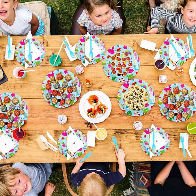 180 Pcs Summer Pool Party Paper Plates and Forks Pool Party Supplies 9'' Disposable Plates 7'' Paper Snack Plates Plastic Forks for Kids Birthday Hawaiian Beach Party Decorations, Serves 60