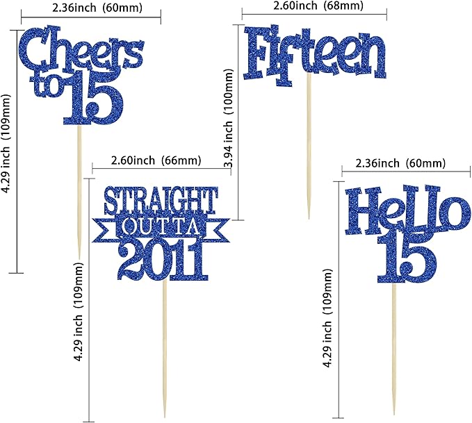 Ephlyn 24Pcs 15th Birthday Cupcake Toppers Glitter Straight Outta 2011 Cupcake Picks Hello 15 Cheers to 15 Years Cake Decorations for 15th Birthday Anniversary Party Decorations Supplies Blue