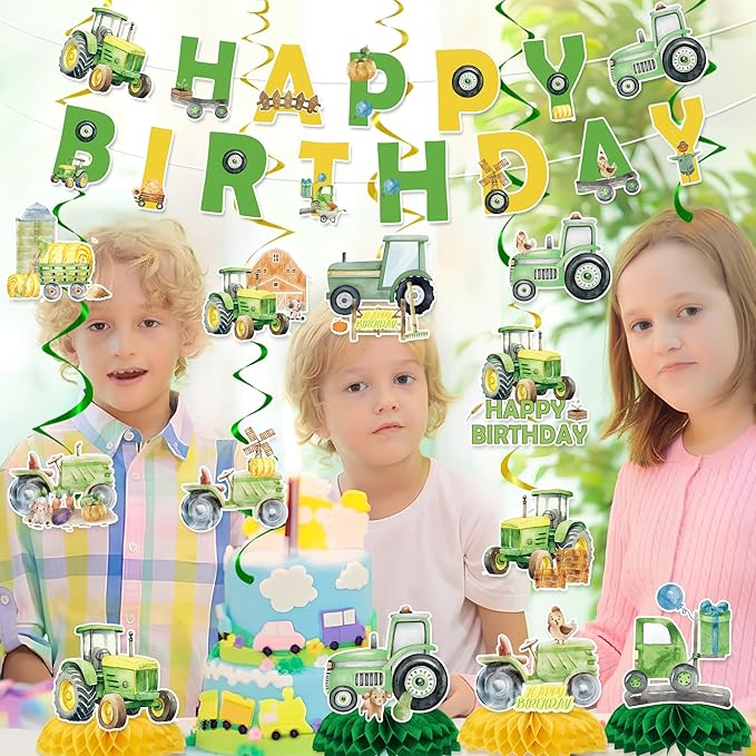 Tractor Birthday Party Decorations Include Tractor Happy Birthday Banners Hanging Swirls Honeycomb Centerpiece Tractor Farm Theme Supplies for Boys