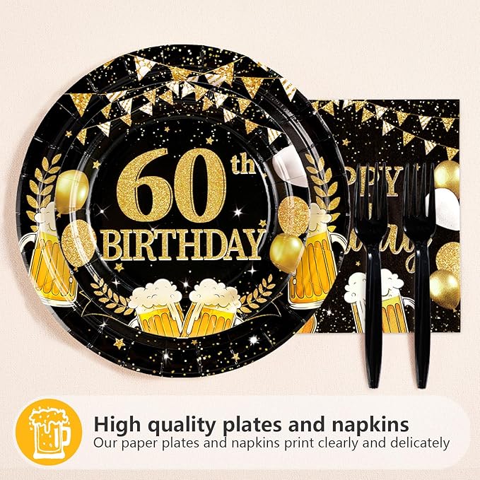96Pcs 60th Birthday Party Supplies Black Gold Plates and Napkins Tableware Sets Cheers and Beers to 60 Years Decorations Favors for Men Women 60 Years Old Birthday Dinner Holiday Party Serves 24