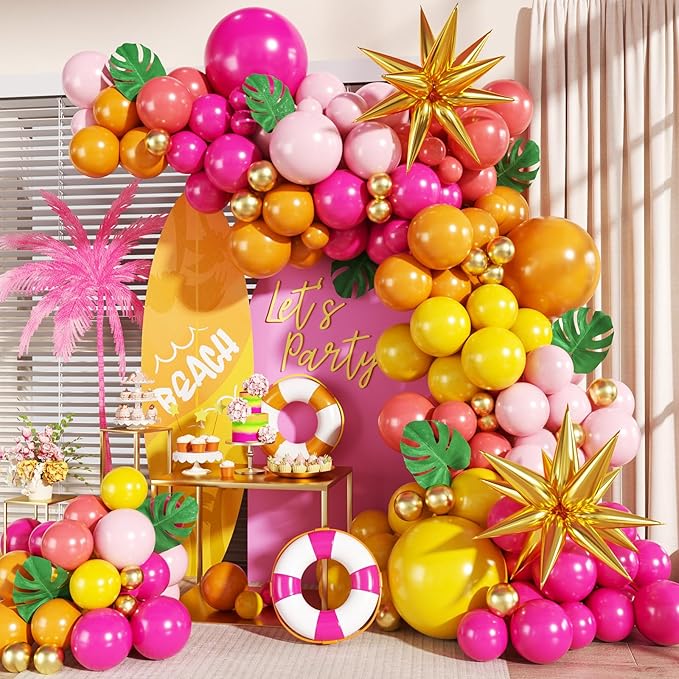 Tropical Balloon Arch Kit 140Pcs Pink and Orange Balloon Arch Kit Include Hot Pink Orange Yellow Pink Gold with Foil Star Balloons for Hawaiian Luau Aloha Theme Baby Shower Birthday Party Decorations