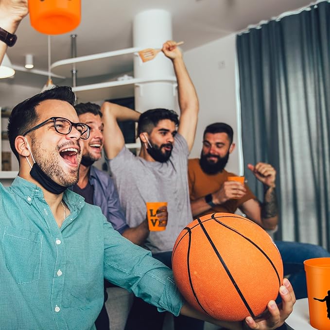 Zhehao 30 Pcs Sport Ball Plastic Cups Hockey Football Basketball Plastic Reusable Drink Cups Bulk 16 oz Stadium Tumbler Stackable Sports Tumbler for Sport Party Supplies(Basketball,Orange)